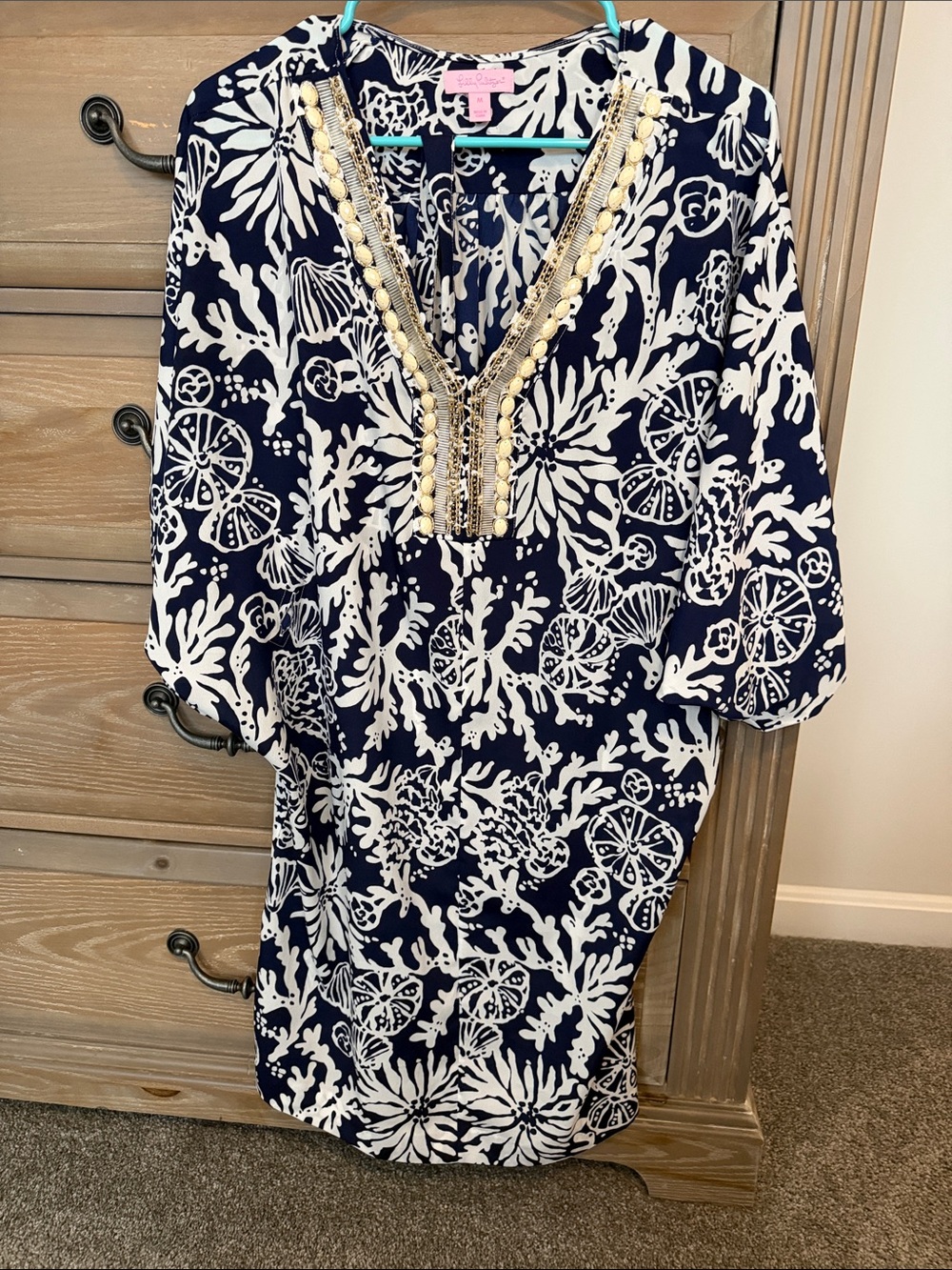 Lilly Pulitzer Navy and White Beaded V-Neck Midi Dress